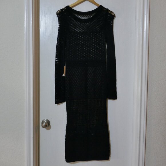 Venus Knit Beaded Eyelet Black Bodycon Mesh Midi Stretch Dress Long Sleeve Small - Picture 2 of 10